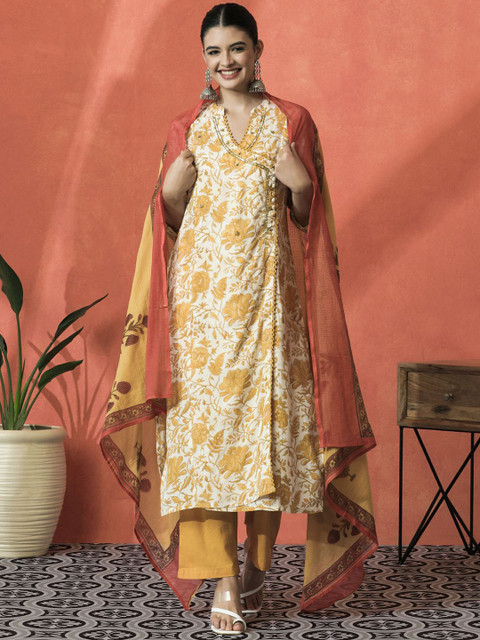 Sangria Floral Printed Mandarin Collar Pure Cotton A-Line Kurta With Trouser & Dupatta