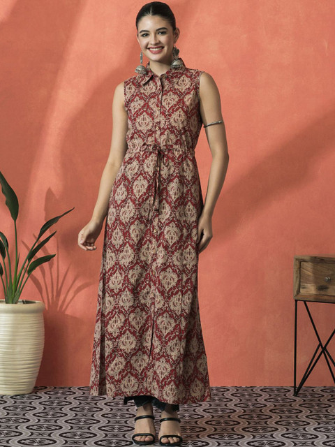 Sangria Ethnic Motifs Printed Shirt Collar Empire Pure Cotton A-Line Kurta