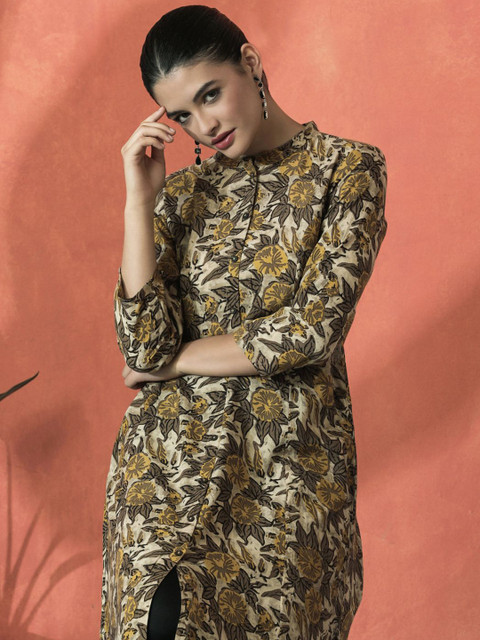 Sangria Floral Printed Mandarin Collar Three-Quarter Sleeves Panelled A-Line Kurta - Image 7