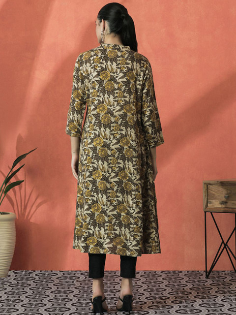 Sangria Floral Printed Mandarin Collar Three-Quarter Sleeves Panelled A-Line Kurta - Image 5