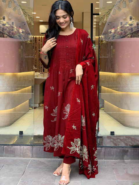GoSriKi Floral Printed Pleated Round Neck Anarkali Kurta With Trousers & Dupatta - Image 2