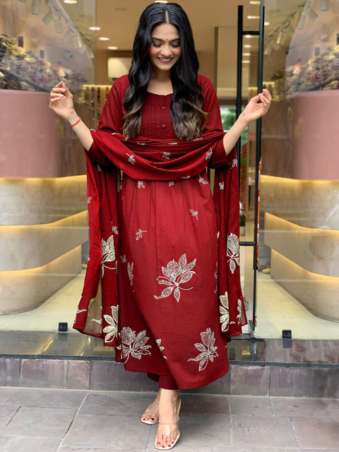 GoSriKi Floral Printed Pleated Round Neck Anarkali Kurta With Trousers & Dupatta - Image 5