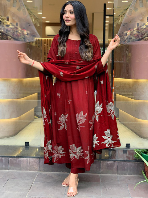 GoSriKi Floral Printed Pleated Round Neck Anarkali Kurta With Trousers & Dupatta - Image 4
