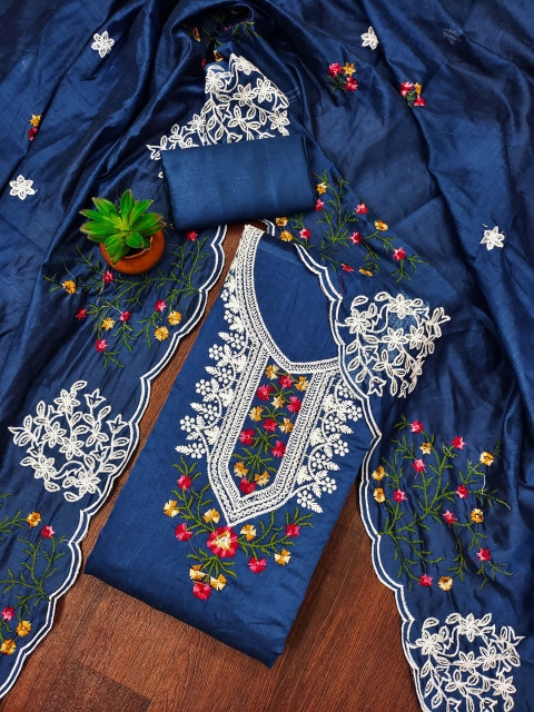 SAINOOR Floral Thread Work Embroidered Semi-Stitched Dress Material