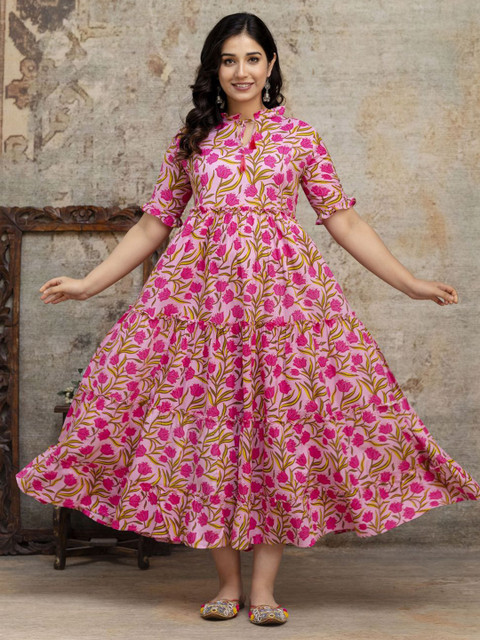 Henal Floral Print Tie-Up Neck Maternity Fit & Flare Midi Dress