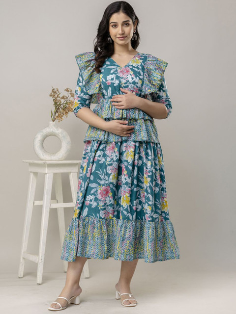 Henal Floral Print Maternity Fit & Flare Midi Dress