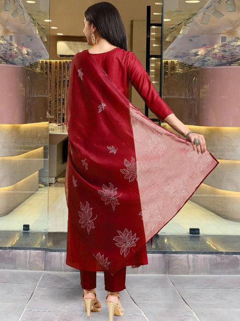 GoSriKi Floral Printed Pleated Round Neck Anarkali Kurta With Trousers & Dupatta - Image 3