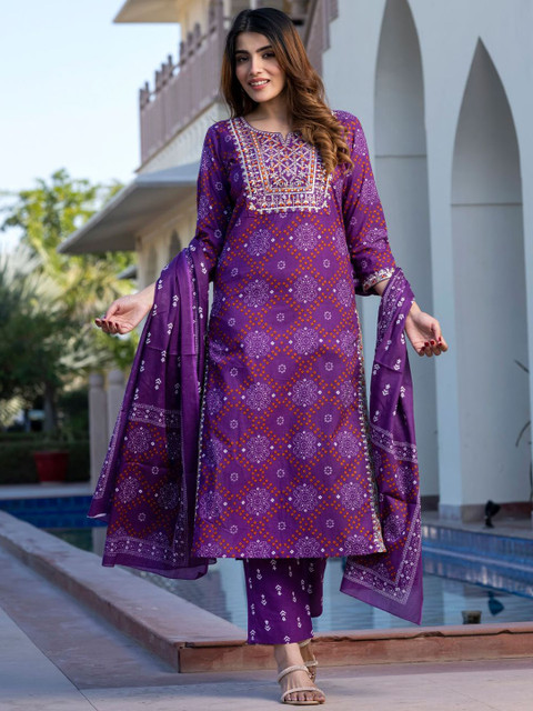 KALINI Women Bandhani Printed Regular Sequinned Pure Cotton Kurta with Trousers & With Dupatta