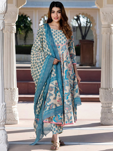 KALINI Women Floral Printed Regular Pure Cotton Kurta with Trousers & With Dupatta