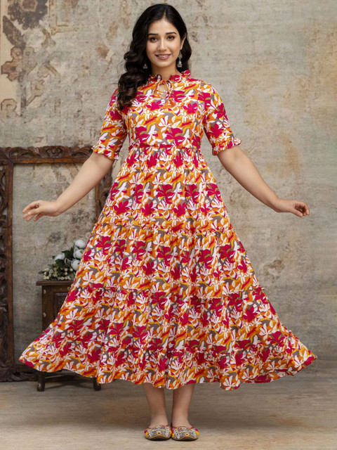 Henal Floral Print Tie-Up Neck Maternity Fit & Flare Midi Dress