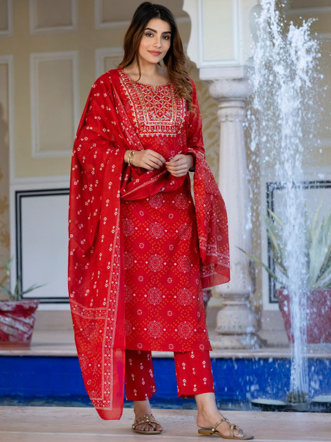 KALINI Bandhani Sequinned Embroidered Round Neck Pure Cotton Kurta with Trousers & Dupatta