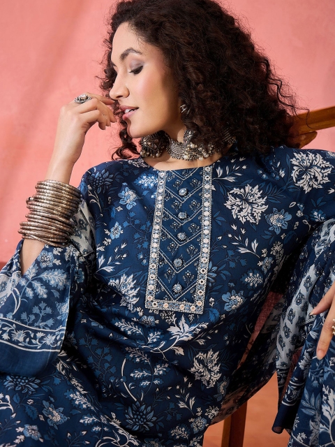 Sangria Floral Printed Pure Cotton Straight Kurta With Trousers & Dupatta