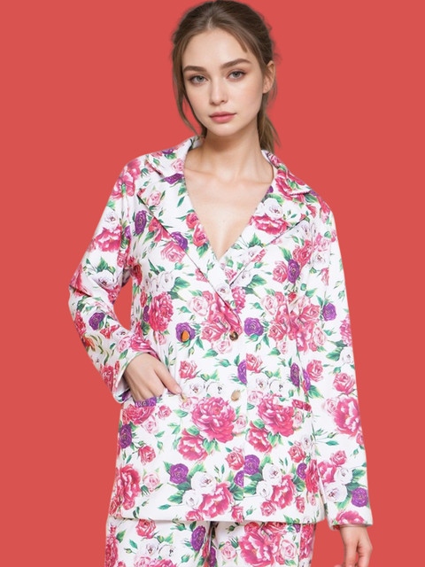 KATLINE Floral Printed Double-Breasted Notched Lapel Collar Casual Blazer
