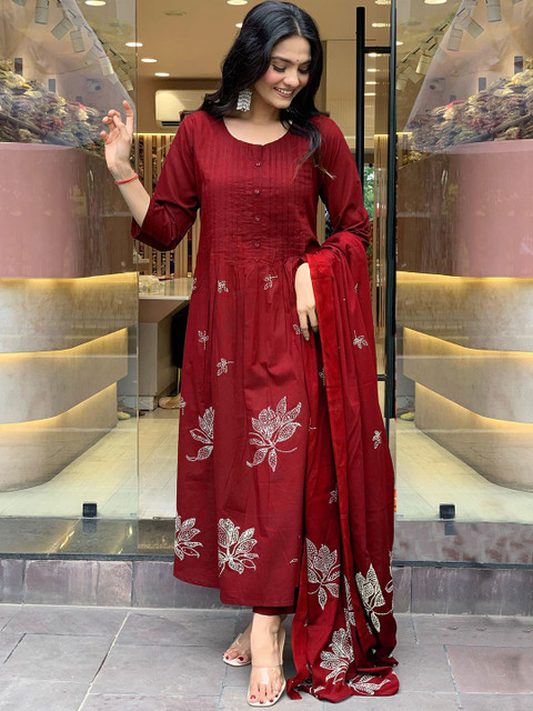 GoSriKi Floral Printed Pleated Round Neck Anarkali Kurta With Trousers & Dupatta - Image 6