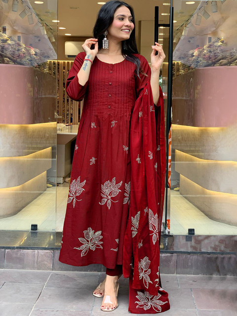 GoSriKi Floral Printed Pleated Round Neck Anarkali Kurta With Trousers & Dupatta - Image 7
