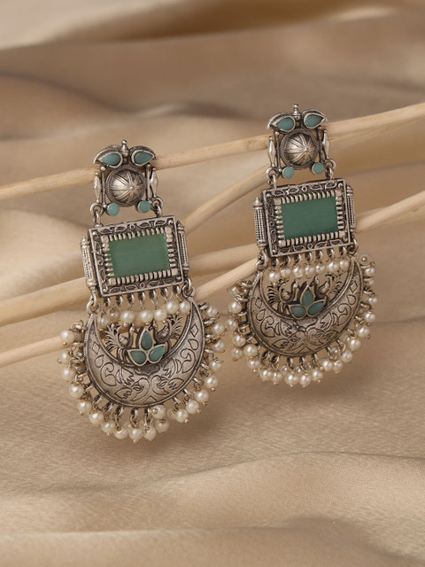 VENI 925 Silver-Plated Artificial Beaded Contemporary Shaped Oxidised Drop Earrings