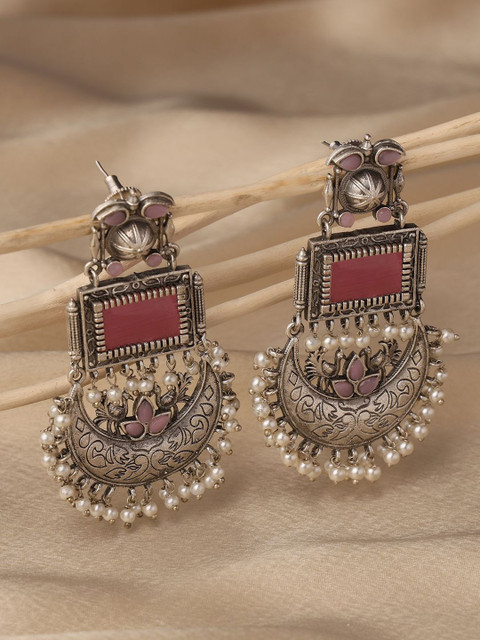 VENI 925 Silver-Plated Artificial Beaded Contemporary Oxidised Chandbalis