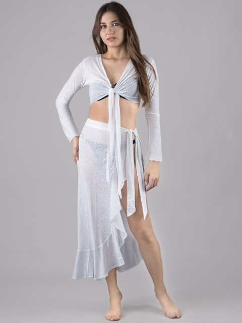 Keepfit V Neck Long Sleeves Knot Crop Top With Skirt Swimwear Coverup Set