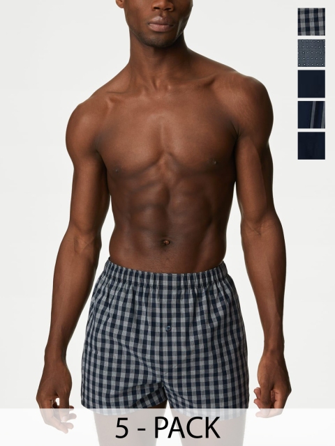 Marks & Spencer Men Pack Of 5 Checked Cotton Assorted Boxers T143846DARK NAVY-DARK NAVY