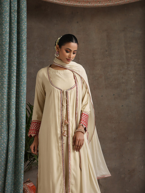 Khushal K Geometric Embroidered Mirror Work A-Line Kurta With Sharara & Dupatta