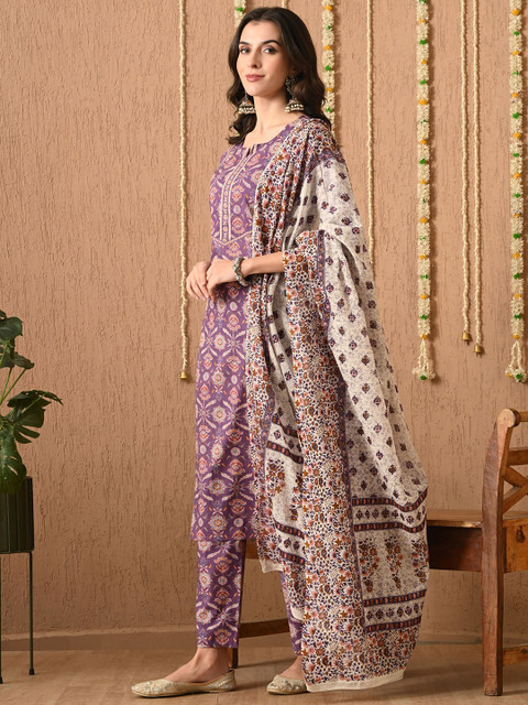 Anouk Women Floral Printed Regular Pure Cotton Kurta with Trousers & With Dupatta