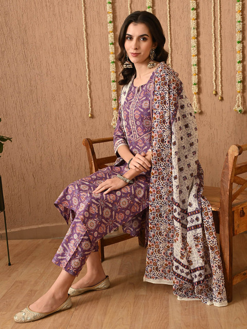 Anouk Women Floral Printed Regular Pure Cotton Kurta with Trousers & With Dupatta