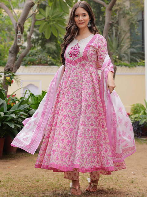 Mizaz Floral Printed Thread Work Anarkali Pure Cotton Kurta With Trousers And Dupatta