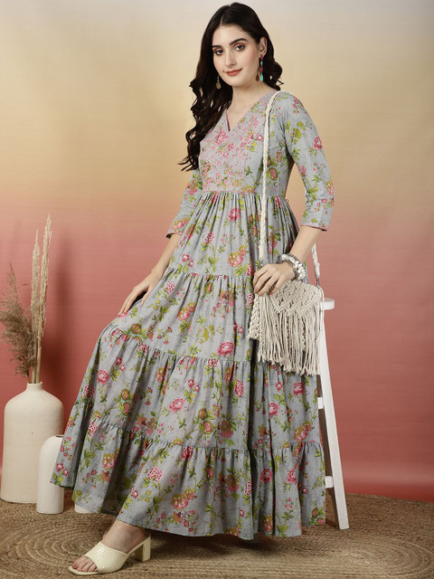 GLAM ROOTS Floral Printed Thread Work Cotton Tiered Anarkali Kurta - Image 7