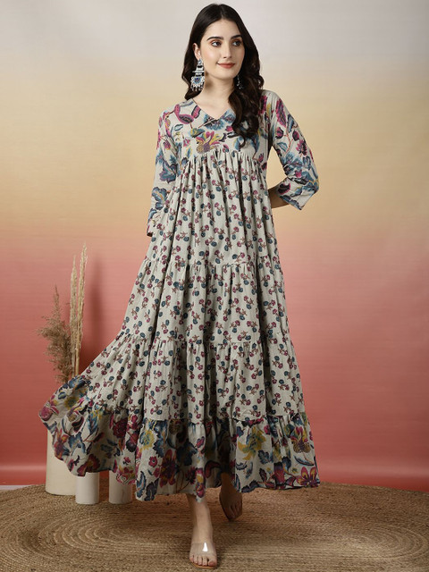 GLAM ROOTS Floral Printed Cotton Tiered Anarkali Kurta