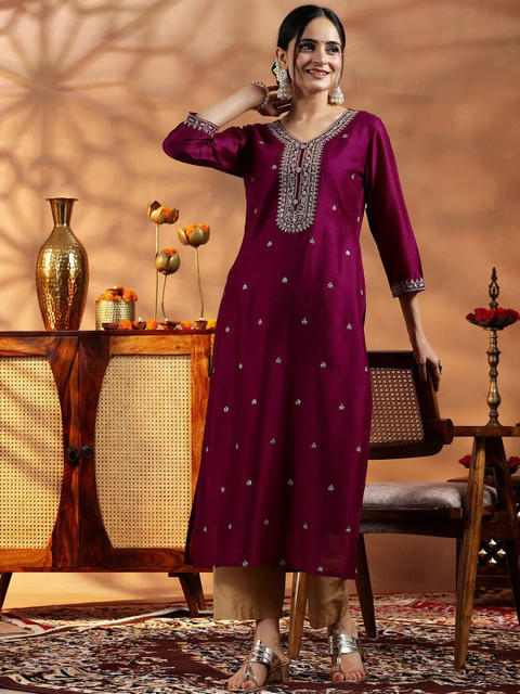 Tulip Eden Floral Embroidered V- Neck Silk Straight Kurta