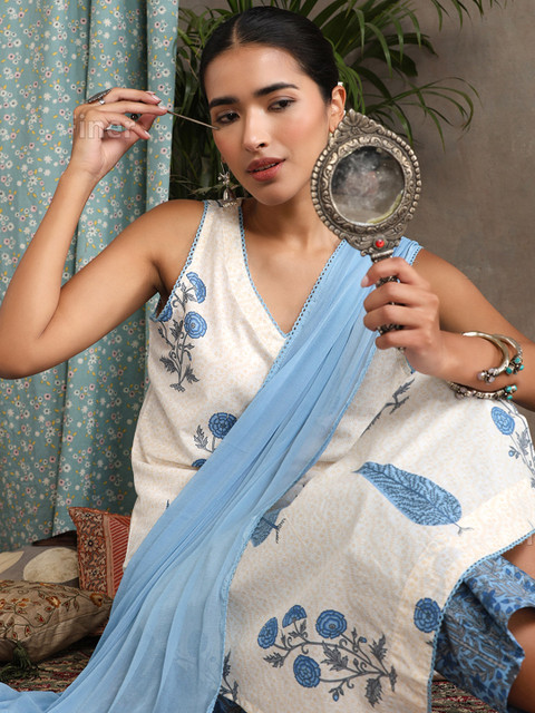 Khushal K Floral Printed V-Neck Pure Cotton Straight Kurta With Palazzos & Dupatta