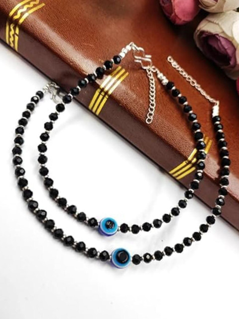 DN Creation Set of 2 Silver-Plated Artificial Beads Beaded Evil Eye Anklets