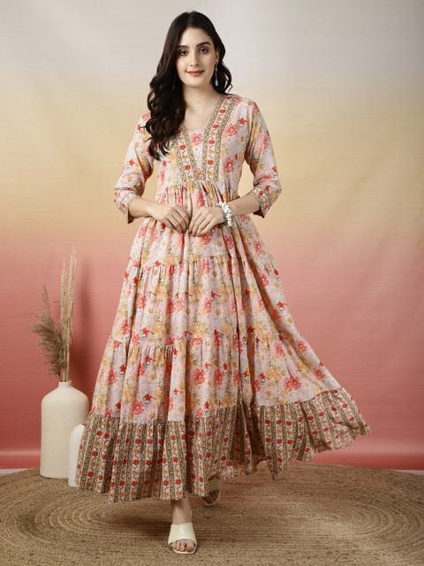 GLAM ROOTS Floral Printed Cotton Tiered Anarkali Kurta