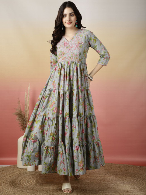 GLAM ROOTS Floral Printed Thread Work Cotton Tiered Anarkali Kurta