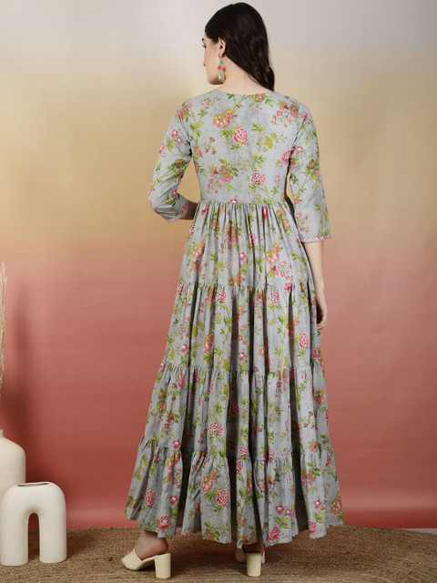 GLAM ROOTS Floral Printed Thread Work Cotton Tiered Anarkali Kurta - Image 5