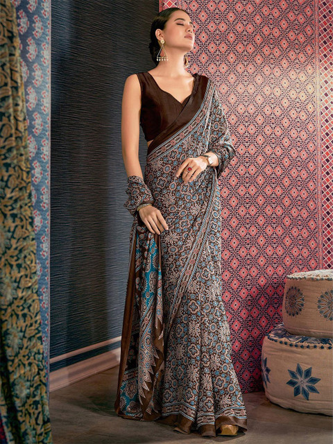Anouk Rustic modal Ajrak Block Poly Crepe Block Print Saree with Blouse Piece