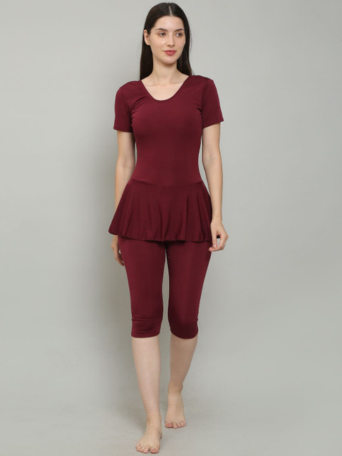 MEGASKA Knee Length Removable Chest Pads One Piece Frock Style Swimwear