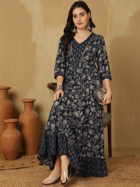 GLAM ROOTS Floral Printed Gotta Patti Cotton Tiered Anarkali Kurta - Image 7