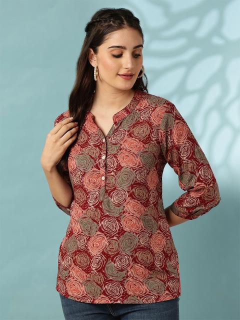 Anouk Floral Print Mandarin Collar Top