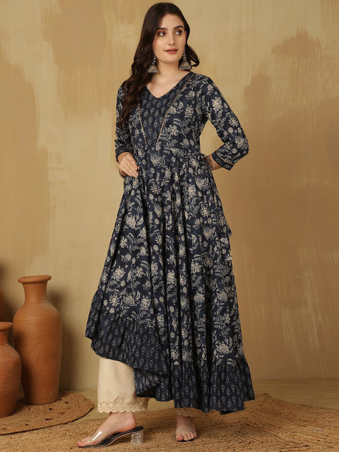 GLAM ROOTS Floral Printed Gotta Patti Cotton Tiered Anarkali Kurta - Image 6