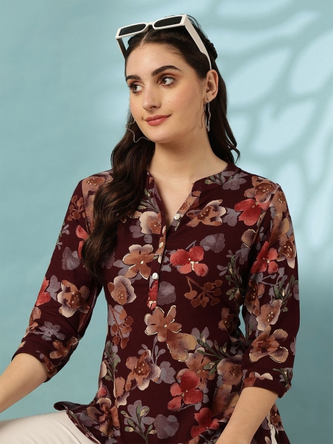 Anouk Floral Print Mandarin Collar Shirt Style Top