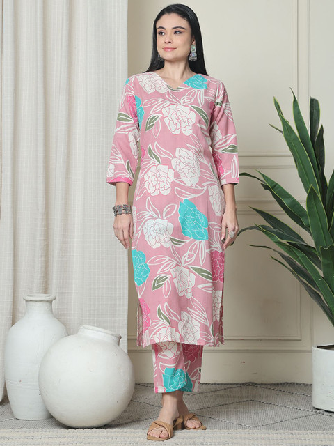 KALINI Floral Printed V-Neck Pure Cotton Tunic With Trouser