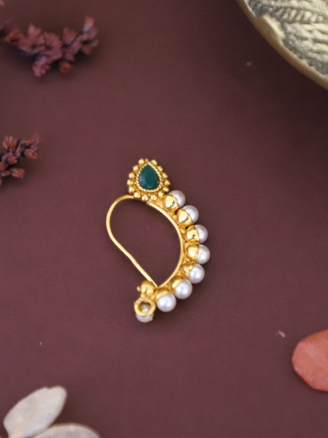 Anouk Gold-Plated Artificial Stone Studded & Pearls Beaded Septum Banu Nath Nosepin