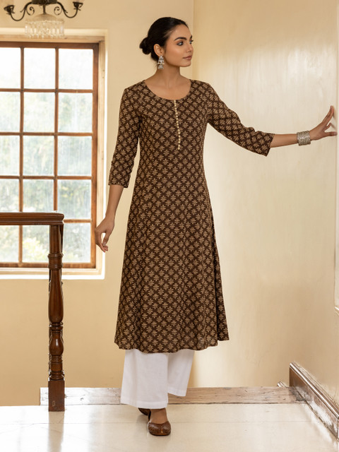 FIORRA Floral Printed Round Neck Three-Quarter Sleeves Cotton A-Line Kurta