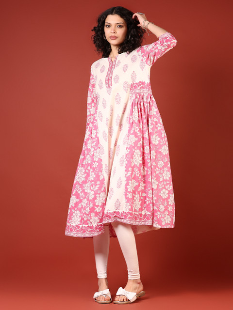 V-Mart Floral Printed Cotton Thread Work Notch Neck A-Line Kurta - Image 2