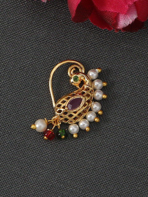 Anouk Gold-Plated American Diamond Studded And Pearls Beaded Peacock Septum Nosepin