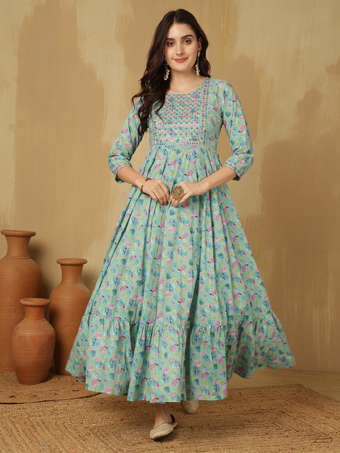 GLAM ROOTS Floral Printed Tiered Mirror Work Round Neck Pure Cotton Anarkali Kurta