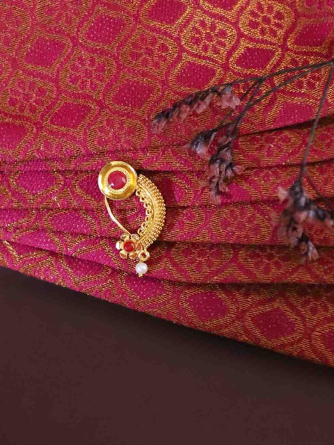 Anouk Gold-Plated Artificial Stones Studded & Pearls Beaded Septum Maharashtrian Nosepin