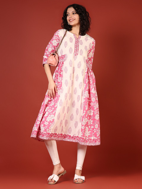 V-Mart Floral Printed Cotton Thread Work Notch Neck A-Line Kurta - Image 4
