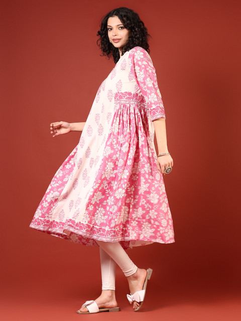 V-Mart Floral Printed Cotton Thread Work Notch Neck A-Line Kurta - Image 6